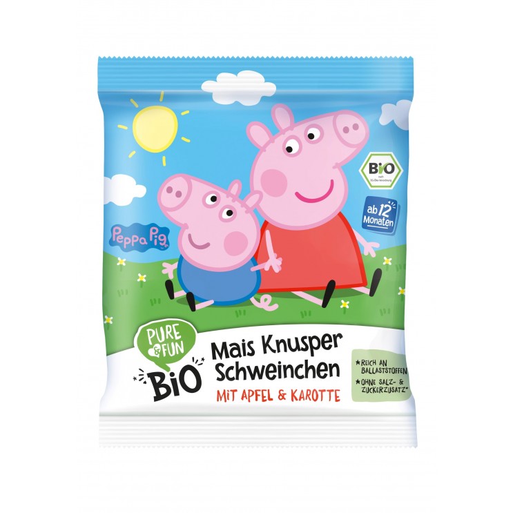 ORGANIC CRISPY CORN SNACK WITH APPLE AND CARROT PEPPA PIG 30g 12+ M. ORGANIC CRISPY CORN SNACK WITH APPLE AND CARROT PEPPA PIG 30g 12+ M.